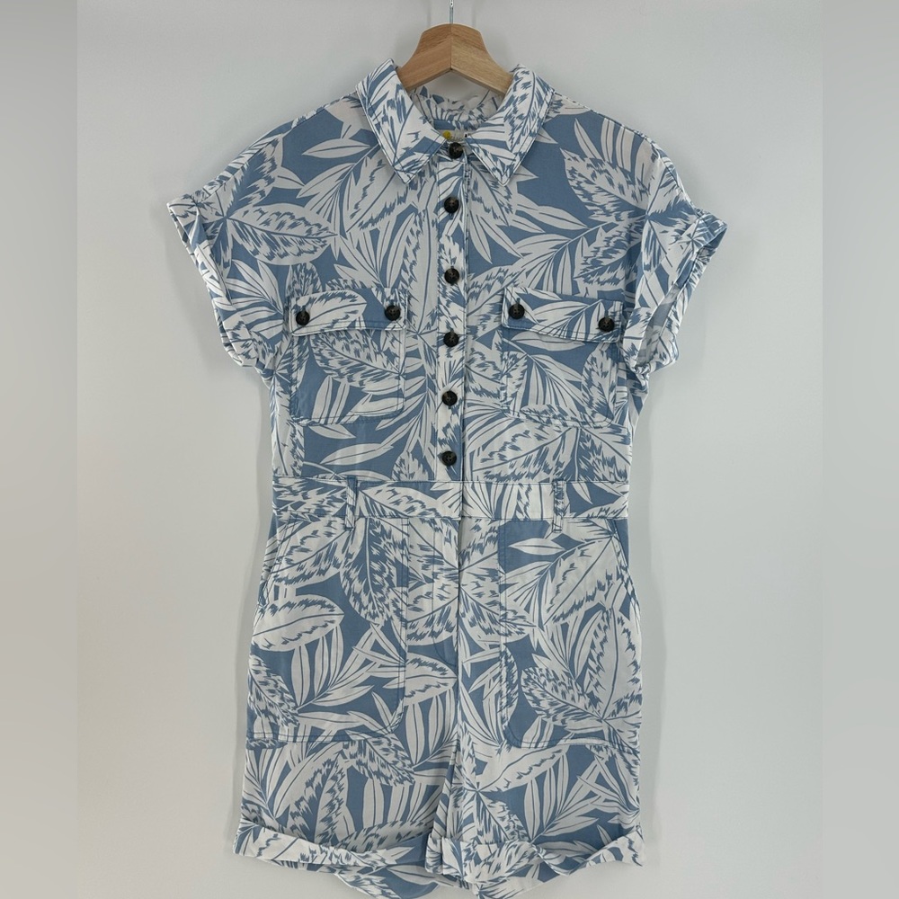 BODEN Blue White Pocket Detail Romper Playsuit Mountain Spring Exotic Leaves 6R